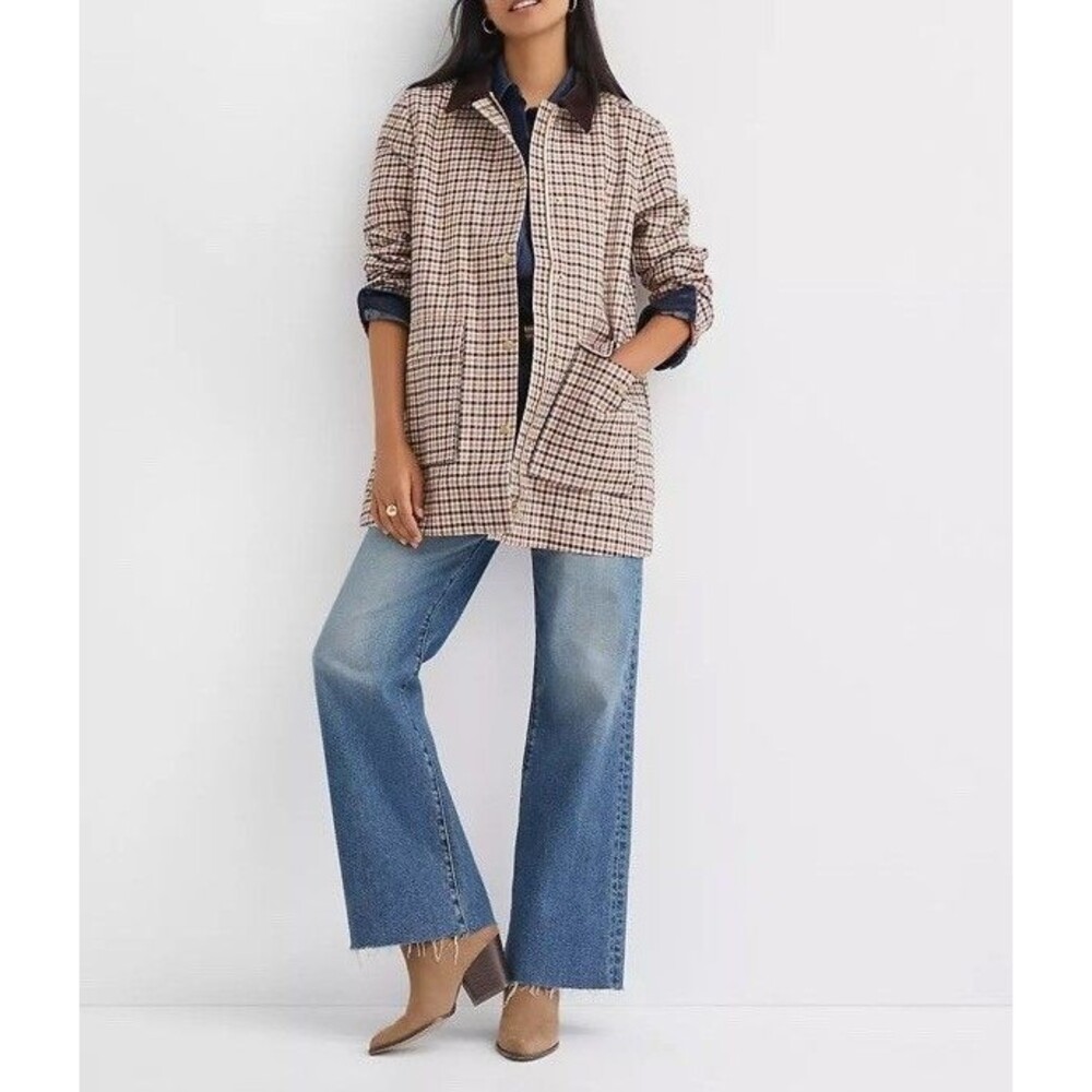 LOFT Tan Plaid Collar Jacket with Brown Trim - Picture 5 of 16